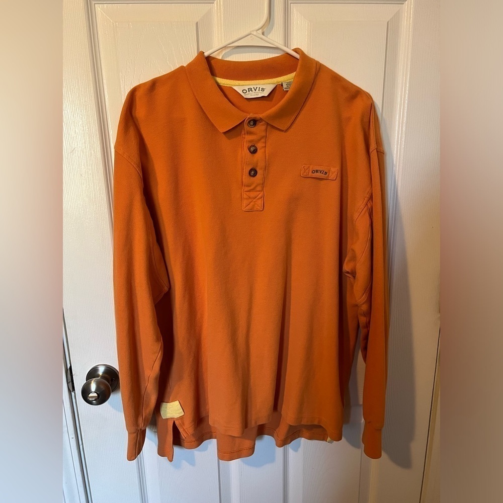 Orvis Adult Mens 1/4 Button Pullover Heavy Henley Size Large Orange Long Sleeve
